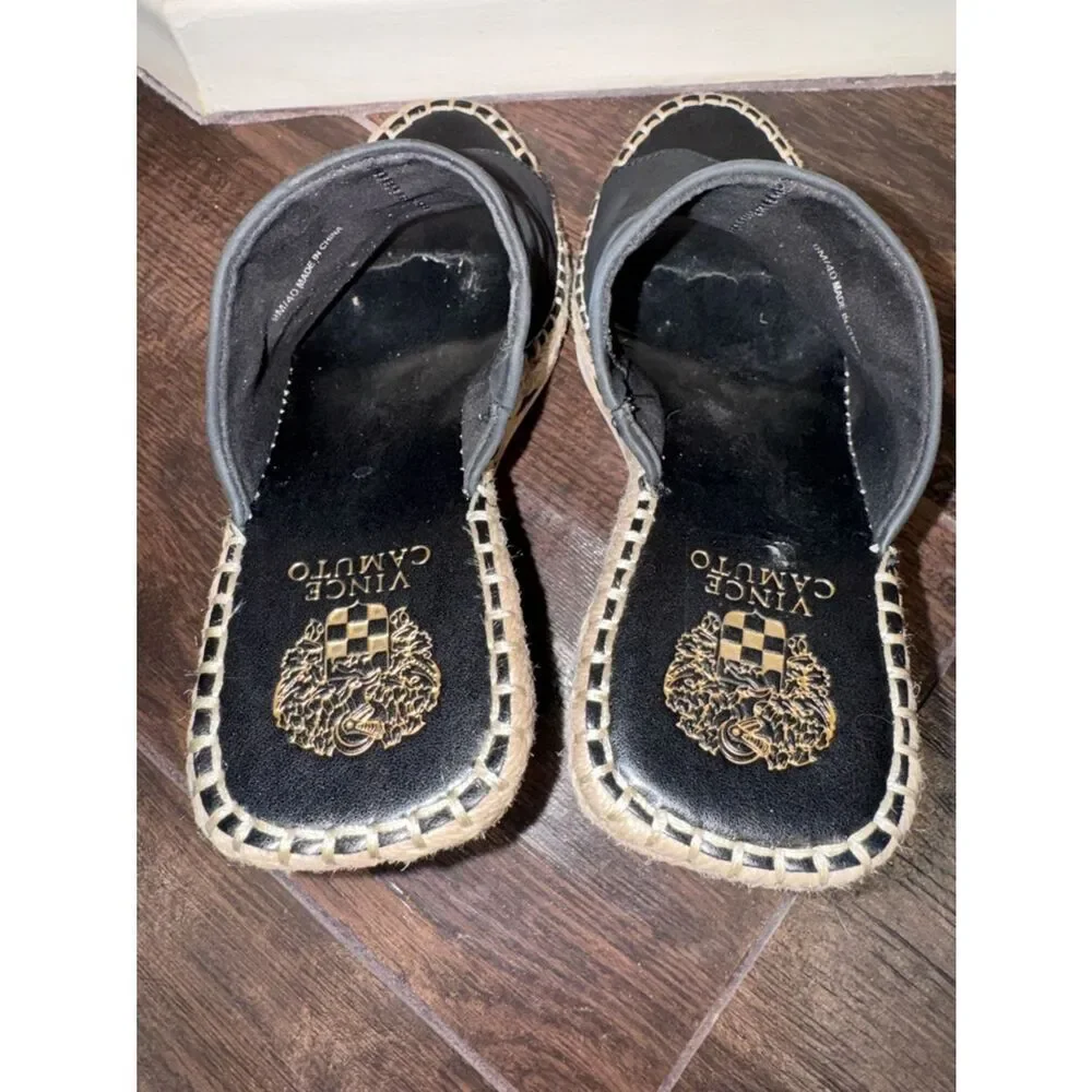 Vince Camuto Brissia Black Leather Espadrille Wedge Mules Sandals Size 9M/40 EUC